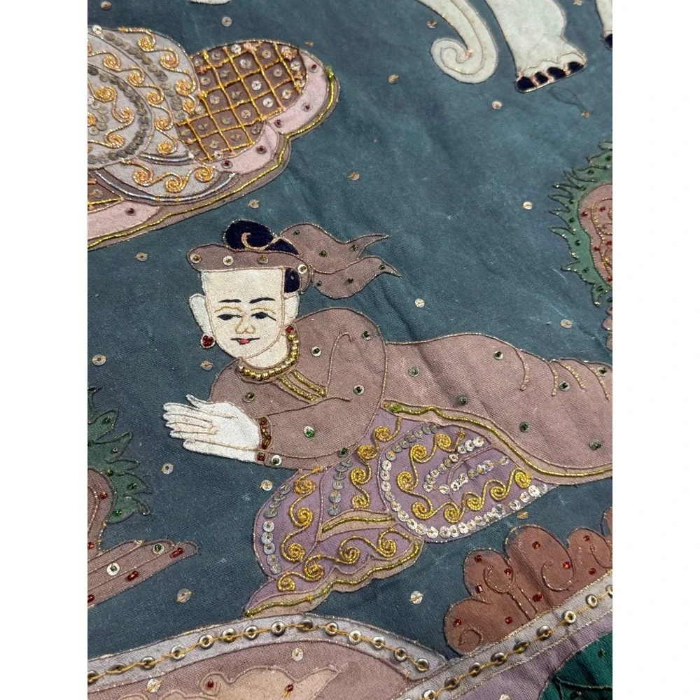 Vintage Thai Kalaga Tapestry Wall Hanging Elephant Applique Sequined Large